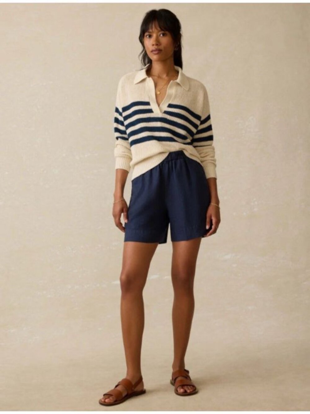 Faherty Mirimar Linen Polo in Ocean Ties Striped Sweater Sz M Navy Cream Collar - Picture 4 of 13